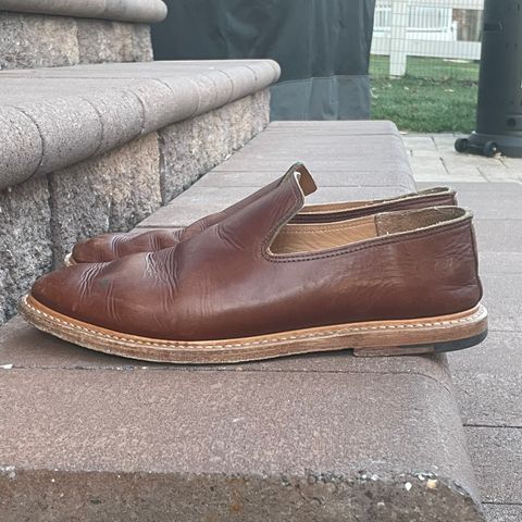 View photo of Viberg Slipper in C.F. Stead Dark Snuff Regency Calf