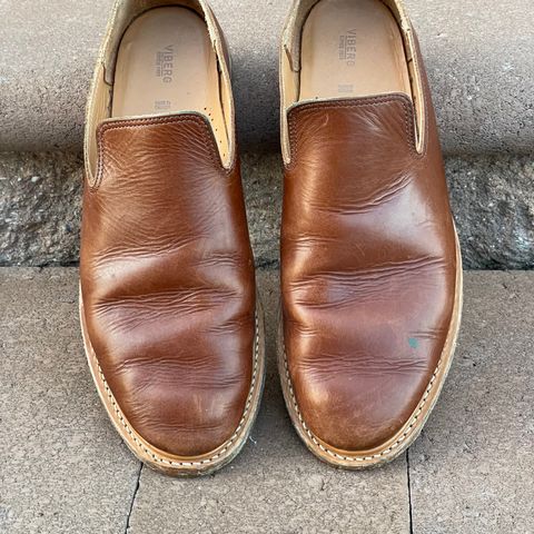 View photo of Viberg Slipper in C.F. Stead Dark Snuff Regency Calf