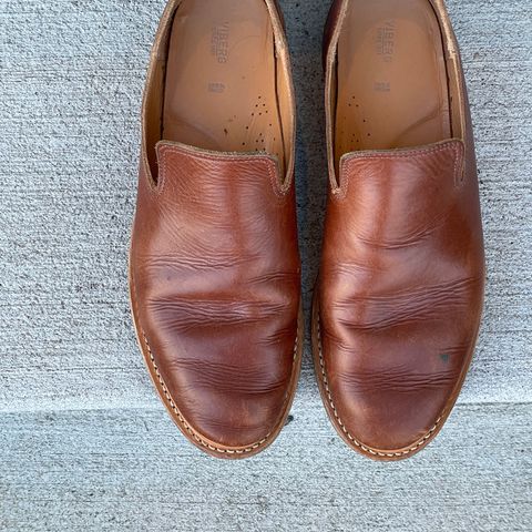 View photo of Viberg Slipper in C.F. Stead Dark Snuff Regency Calf