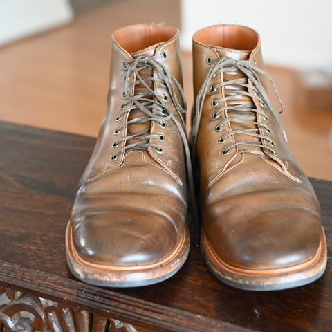 View photo of Viberg Wholecut Derby Boot in Horween Calvados Shell Cordovan