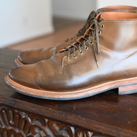 View photo of Viberg Wholecut Derby Boot in Horween Calvados Shell Cordovan