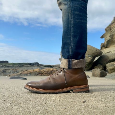 View photo of Viberg Wholecut Derby Boot in Horween Calvados Shell Cordovan