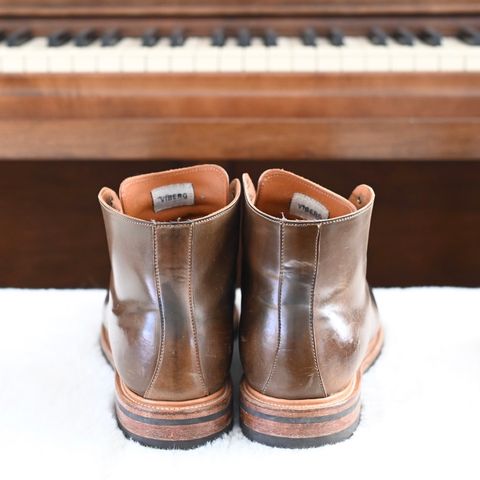 View photo of Viberg Wholecut Derby Boot in Horween Calvados Shell Cordovan