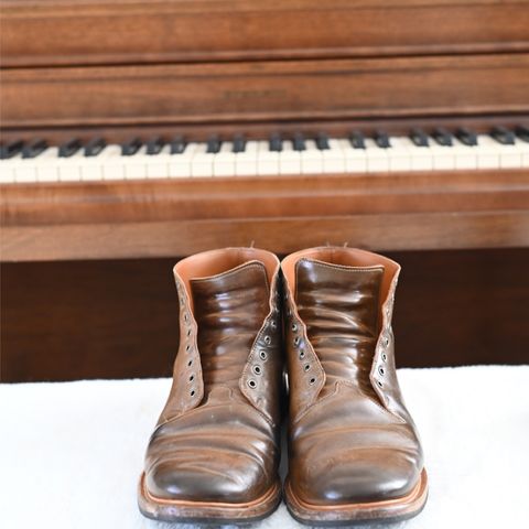 View photo of Viberg Wholecut Derby Boot in Horween Calvados Shell Cordovan