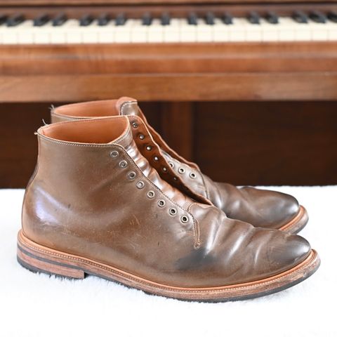 View photo of Viberg Wholecut Derby Boot in Horween Calvados Shell Cordovan