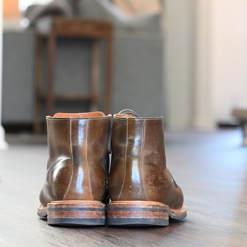 View photo of Viberg Wholecut Derby Boot in Horween Calvados Shell Cordovan