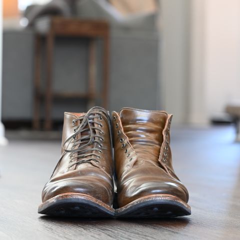 View photo of Viberg Wholecut Derby Boot in Horween Calvados Shell Cordovan