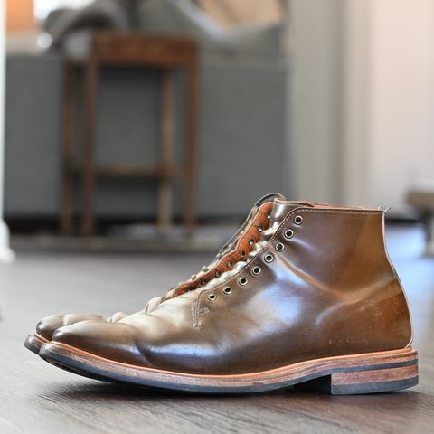 View photo of Viberg Wholecut Derby Boot in Horween Calvados Shell Cordovan