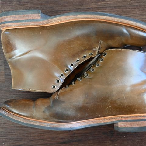 View photo of Viberg Wholecut Derby Boot in Horween Calvados Shell Cordovan