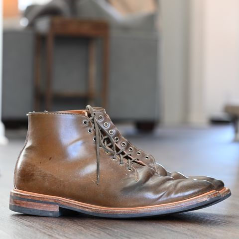 View photo of Viberg Wholecut Derby Boot in Horween Calvados Shell Cordovan