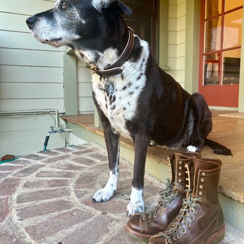 View photo of Flame Panda Monkey Boot in Shinki Olive Oiled Horsebutt