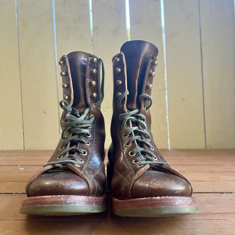 View photo of Flame Panda Monkey Boot in Shinki Olive Oiled Horsebutt