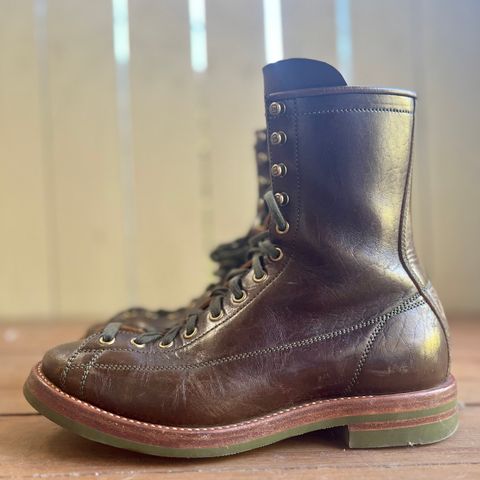 View photo of Flame Panda Monkey Boot in Shinki Olive Oiled Horsebutt