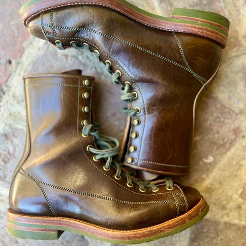 View photo of Flame Panda Monkey Boot in Shinki Olive Oiled Horsebutt