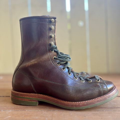 View photo of Flame Panda Monkey Boot in Shinki Olive Oiled Horsebutt