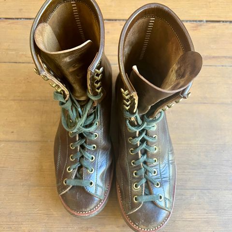 View photo of Flame Panda Monkey Boot in Shinki Olive Oiled Horsebutt