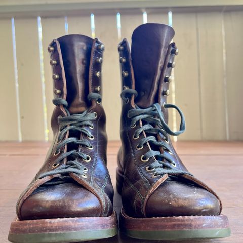 View photo of Flame Panda Monkey Boot in Shinki Olive Oiled Horsebutt