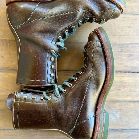 View photo of Flame Panda Monkey Boot in Shinki Olive Oiled Horsebutt