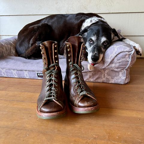 View photo of Flame Panda Monkey Boot in Shinki Olive Oiled Horsebutt