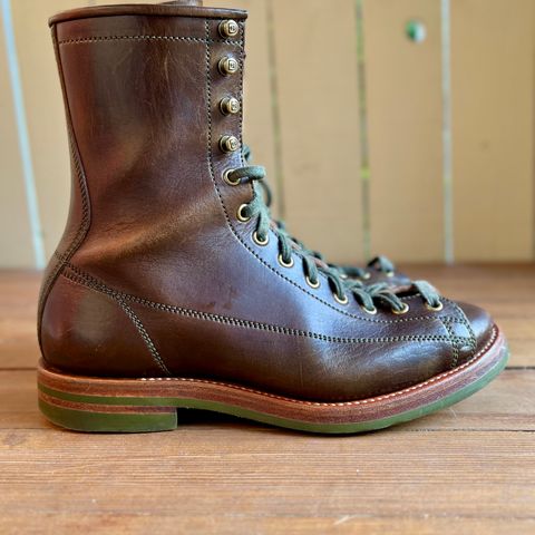 View photo of Flame Panda Monkey Boot in Shinki Olive Oiled Horsebutt