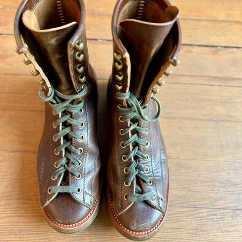 View photo of Flame Panda Monkey Boot in Shinki Olive Oiled Horsebutt