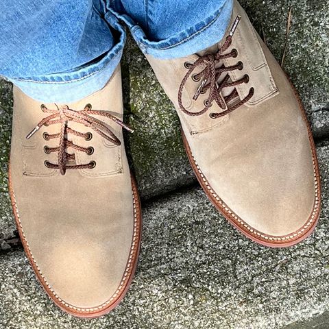 Grant Stone Dirty Buck in C.F. Stead Ivory Repello Calf Suede