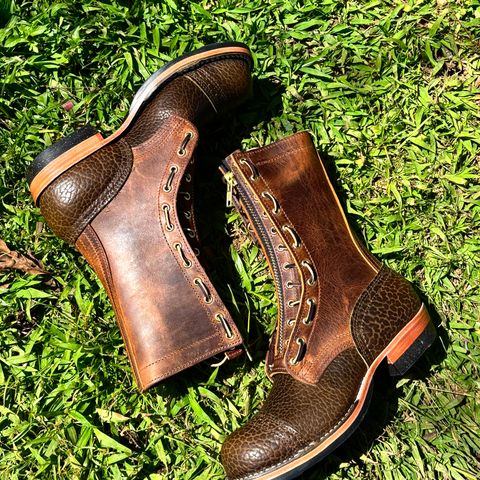 Nicks MTO in Law Tanning Olive Smooth Shruken Bison & Horween Orange Predator