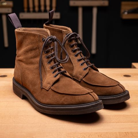 View photo of Tricker's Lawrence Apron Front Derby Boot in Cubana Castorino Suede