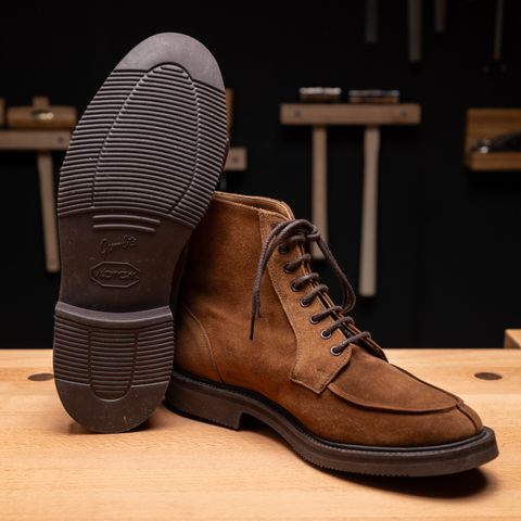 View photo of Tricker's Lawrence Apron Front Derby Boot in Cubana Castorino Suede