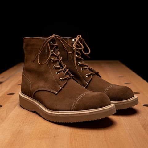 View photo of Tricker's x The Bureau Belfast Combat Boot in C.F. Stead Snuff Repello Calf Suede