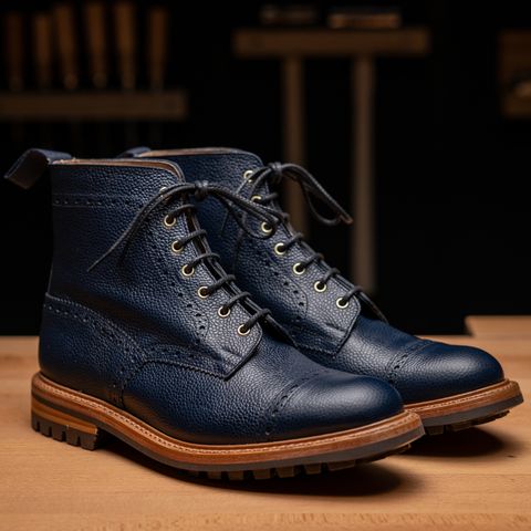 View photo of Tricker's M7527 Derby Toecap Boot in Navy Scotch Grain