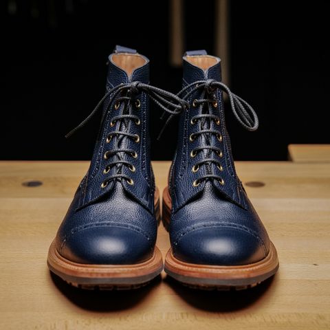 View photo of Tricker's M7527 Derby Toecap Boot in Navy Scotch Grain