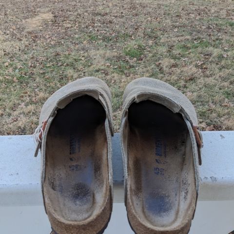 View photo of Birkenstock Boston in Taupe Suede