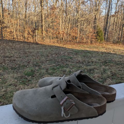 View photo of Birkenstock Boston in Taupe Suede