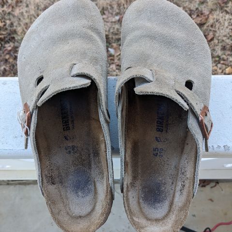 View photo of Birkenstock Boston in Taupe Suede