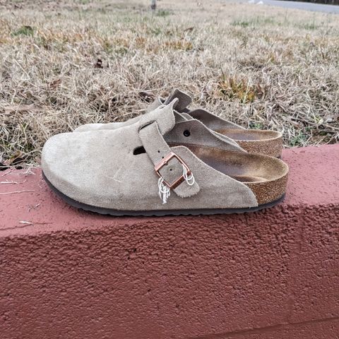 View photo of Birkenstock Boston in Taupe Suede