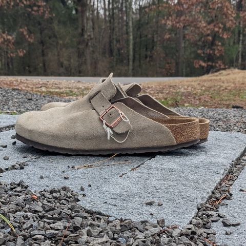 View photo of Birkenstock Boston in Taupe Suede