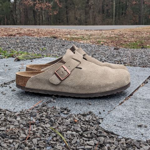 View photo of Birkenstock Boston in Taupe Suede