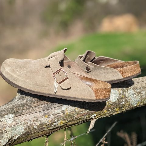 View photo of Birkenstock Boston in Taupe Suede