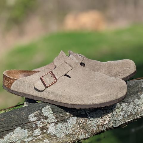 View photo of Birkenstock Boston in Taupe Suede