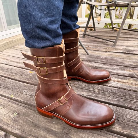 View photo of Briselblack The Hanker Tanker Boots in Maryam Thick Horsebutt Overdye brown