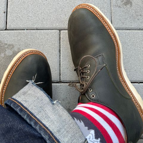 Viberg Derby Shoe in C.F. Stead Military Green Waxed Kudu