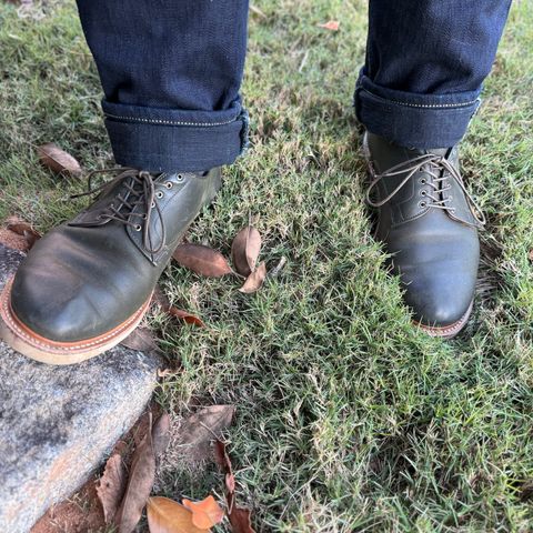 Viberg Derby Shoe in C.F. Stead Military Green Waxed Kudu