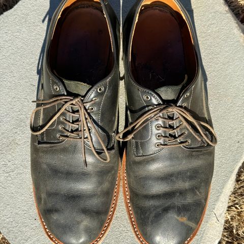 View photo of Viberg Derby Shoe in C.F. Stead Military Green Waxed Kudu