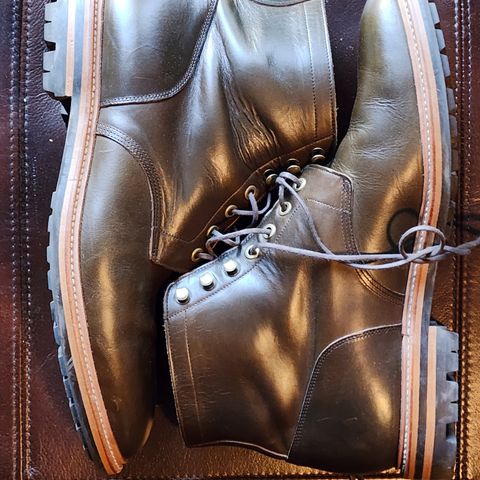 View photo of Grant Stone Diesel Boot in Horween Dark Olive Chromexcel