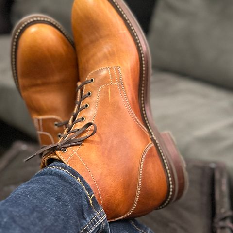 View photo of Caswell Boot Company Lisbon in C.F. Stead Caramel Classic Oiled Shoulder