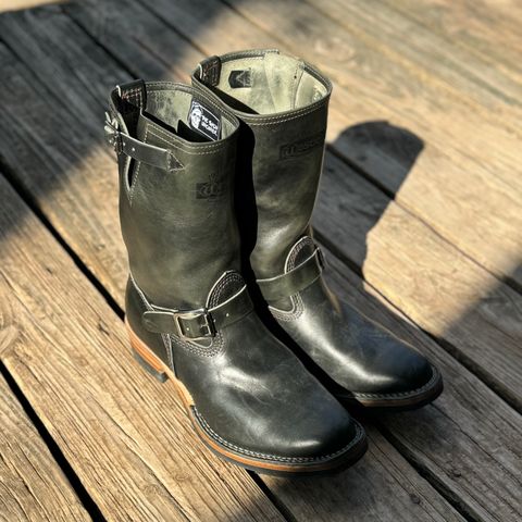 View photo of Wesco Mister Lou in Maryam Petrolio Waxed Black Horsehide