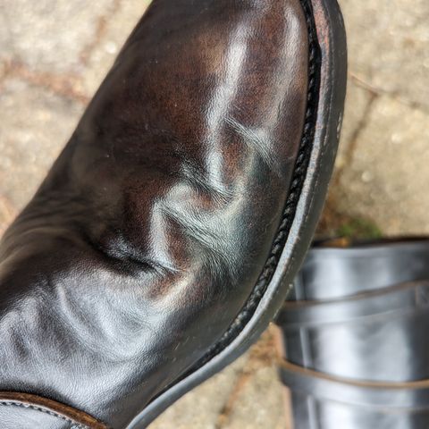 View photo of Benzein The Hanker Tanker Boots in Horween Horsehide Overdyed Black