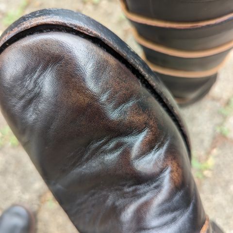 View photo of Benzein The Hanker Tanker Boots in Horween Horsehide Overdyed Black