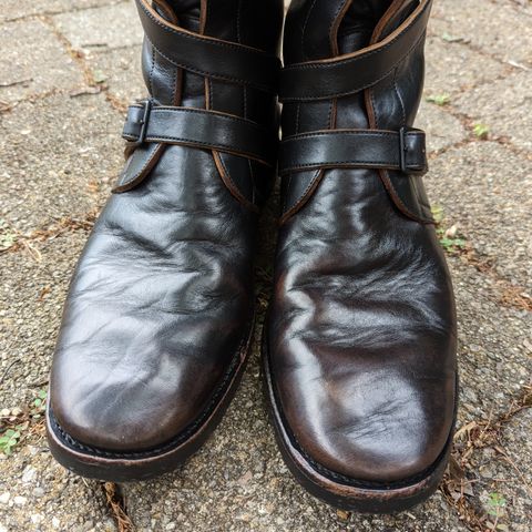 View photo of Benzein The Hanker Tanker Boots in Horween Horsehide Overdyed Black